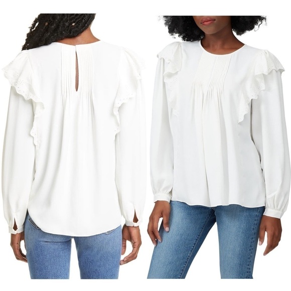 JOIE 70s Eyelet Embroidered Ruffle Pintuck Long Poet Sleeve Peasant Blouse L - Picture 5 of 14